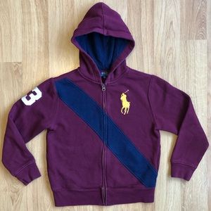 EUC Ralph Lauren Boy Sweatshirt-Full Zip + Hood, Burgundy, Blue, Yellow, White